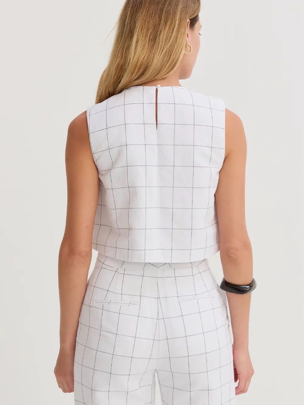 Grid-Check White Crop Top and High-Waist Pants Set - Picture 2 of 4